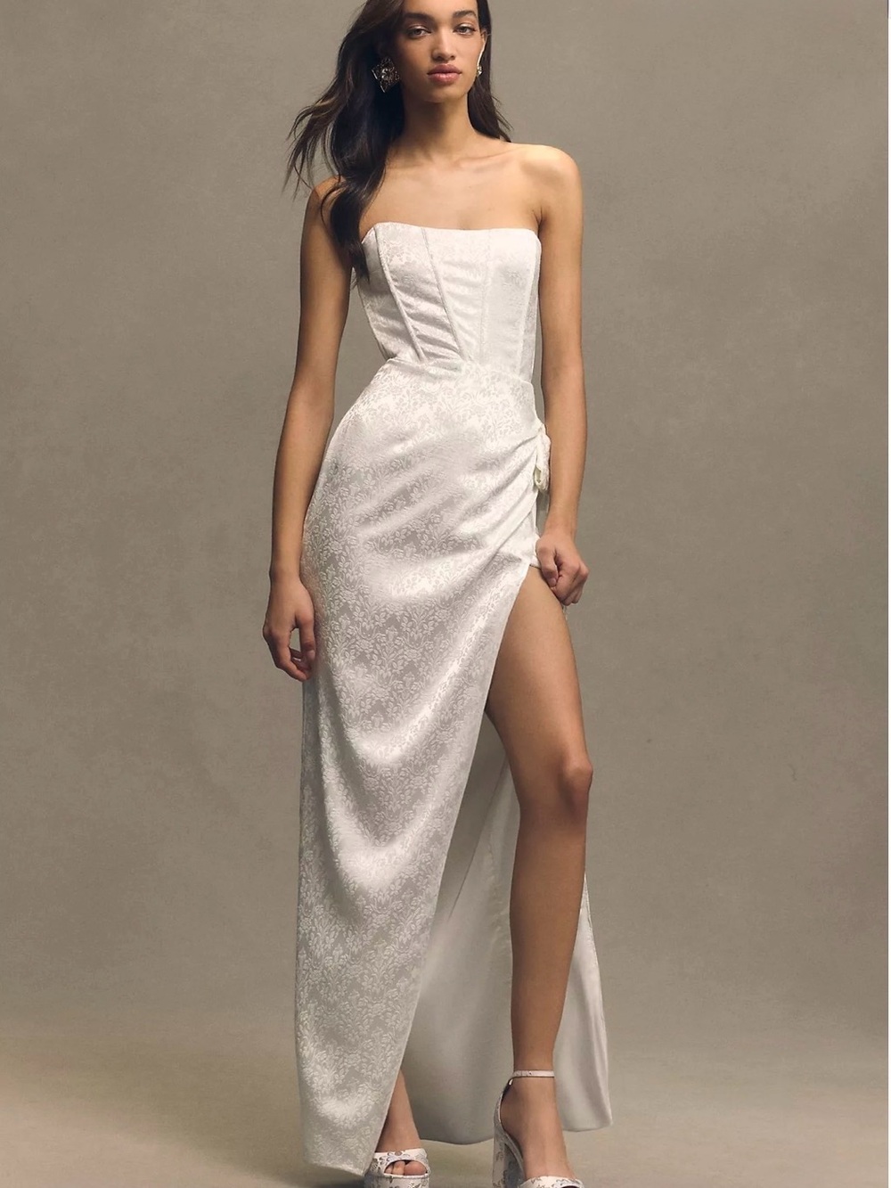 V. Chapman Strapless White Jacquard Evening Gown with High Side Slit
